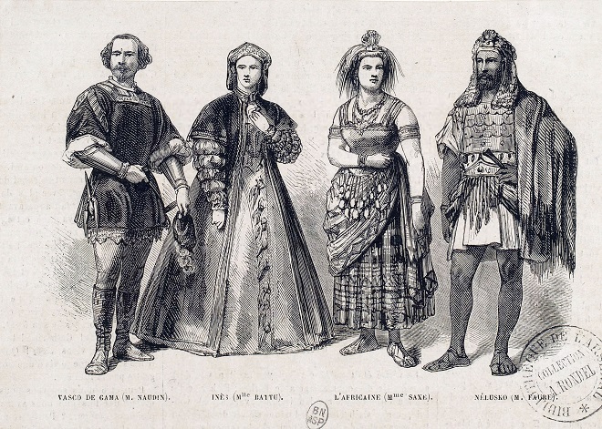 protagonisté premiéry Afričanky v roce 1865 - Emilio Naudin (Vasco da Gama), Marie Battu (Ines), Marie Sasse (Sélika) a Jean-Baptiste Faure (Nélusko)