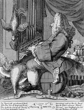 Karikatura Georga Friedricha Händela jako žrouta, jeden ze sedmi smrtelných hříchů (Joseph Goupy; 1754)