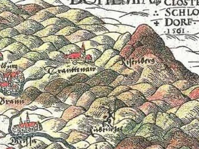 první známé zobrazení Krakonoše na mapě Slezska od Martina Helwiga z roku 1561 (foto archiv)