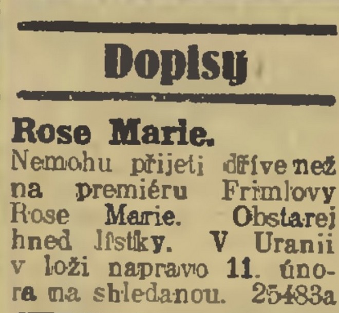 Inzerát z Národních listů, 8.2.1928 (foto archiv autorky)