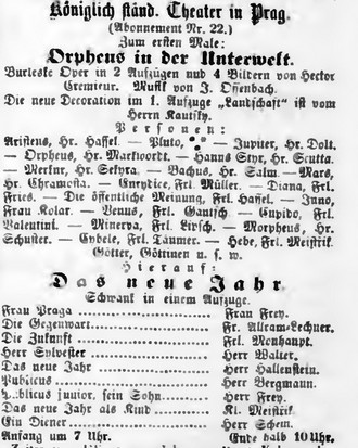 Novinová anonce prvního provedení Orfea v podsvětí v Praze - Bohemia, 31.12.1859 (foto archiv autorky)
