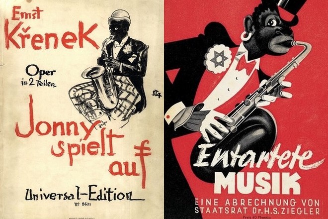 Vľavo titulná strana klavírneho výťahu opery jazzového huslitu Ernsta Křeneka, vydanie z r. 1926; vpravo nacistický poster (foto archív autorky)