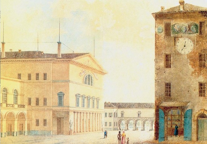 The Nuovo Teatro Ducale - Parma 1829 (zdroj en.wikipedia.org/Gazzetta di Parma, quadro conservato alla biblioteca Palatina a Parma)
