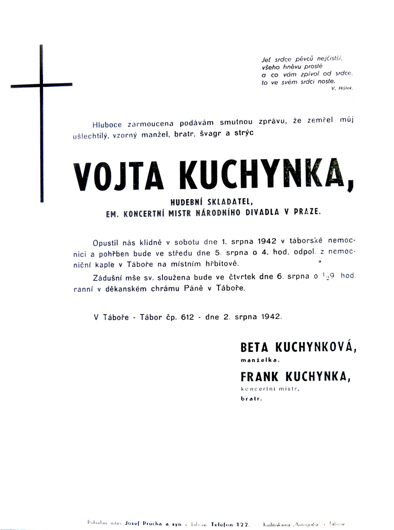 Vojtěch Kuchynka, parte (soukromá sbírka Pavla Pospíšila)