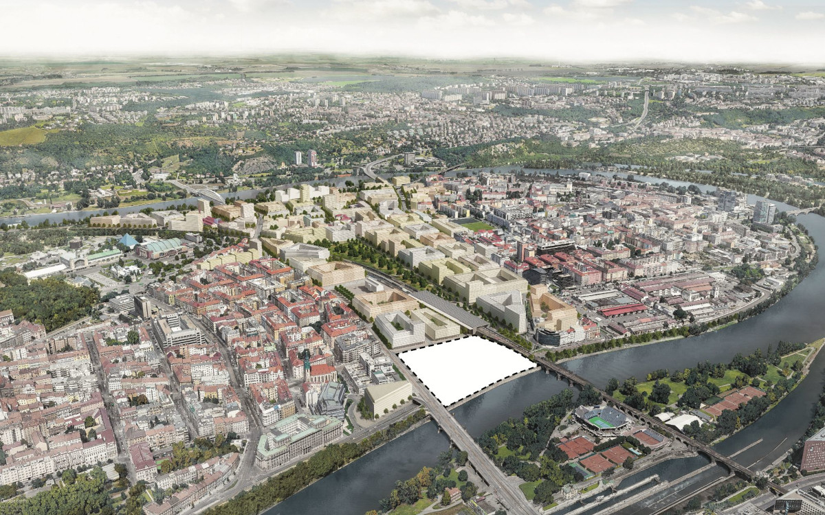 Plánovaná lokace výstavby nového koncertního sálu Vltavská filharmonie - vizualizace (zdroj IPR Praha)