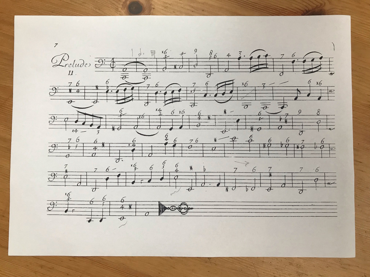 Basso continuo - Troisième Livre de piéces de Viole, Paris 1711 - Marin Marais: Prélude ze suity a moll pro violu da gamba a continuo (foto Jan Krejča)