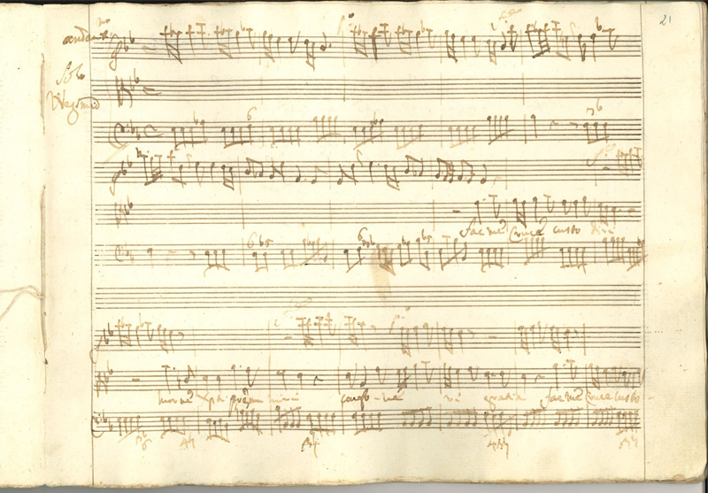 Ukázka partitury Stabat Mater Girolama Pery – tenorová árie Fac me cruce custodiri s patrným jménem „Wegsmid“ (foto Jana Spáčilová)