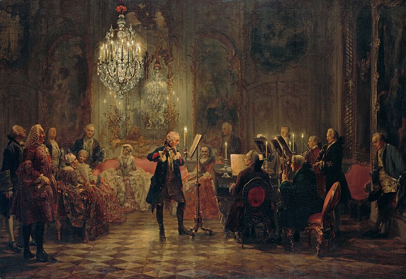 Flétnový koncert Friedricha Velikého v Sanssouci, 1852 (v pozadí u kanape vlevo je zřejmě vyobrazen Gottliebův bratr Carl Heinrich Graun, u spinetu C. P. E. Bach, vpravo u zdi J. Quantz, stojící houslista je F. Benda.) (malba Adolph von Menzel)