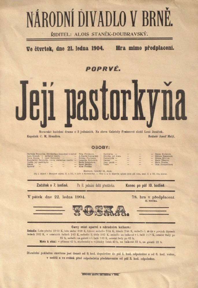 Divadelní cedule k prvnímu uvedení opery v brněnském Národním divadle 21. ledna 1904 (zdroj Jiří Zahrádka)