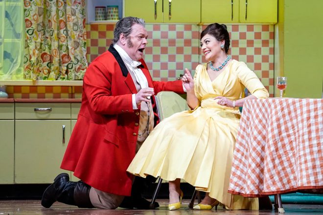 Giuseppe Verdi: Falstaff, 1. dubna 2023, Metropolitní opera v New Yorku – Michael Volle a Ailyn Pérez (foto Karen Almond)