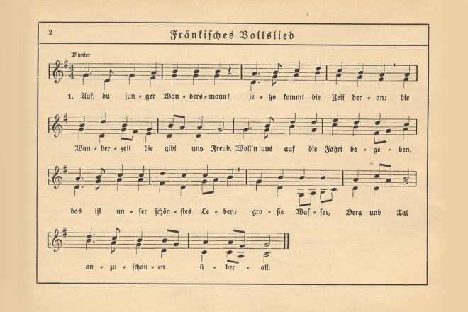 První publikovaný titul nakladatelství Bärenreiter – Auf du junger Wandersmann č. 1 ze zpěvníku Finkensteiner Blätter, 1923 (zdroj Bärenreiter Praha)