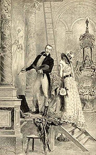 Tosca a Cavaradossi v 1. jednání opery Tosca (Le Théâtre illustrée, 1887) (zdroj en.wikipedia.org)