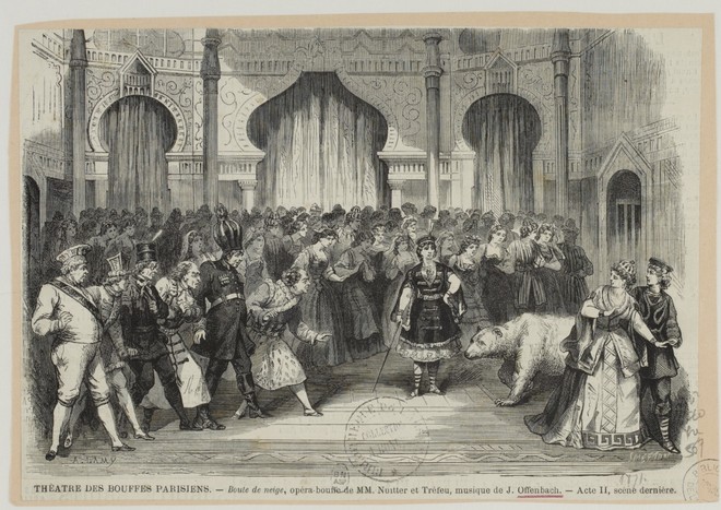 scéna z 2. aktu opéry-bouffe Boule de neige - Bouffes-Parisiens 14.12.1871 (zdroj gallica.bnf.fr)