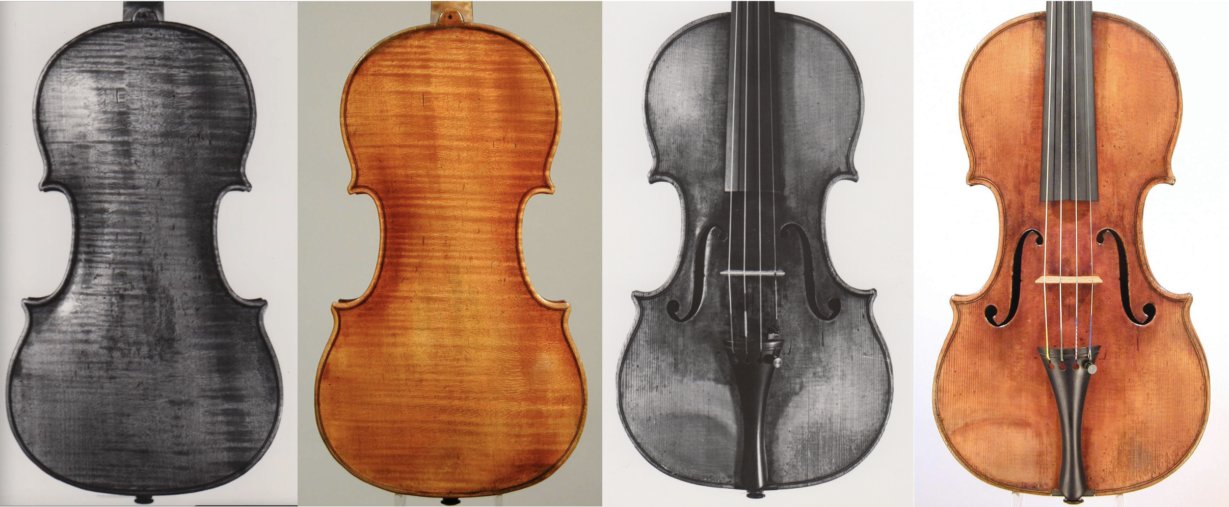 Porovnání houslí: Černobílé fotografie pochází z archivu rodiny  Mendelssohn-Bohnke, barevné z roku 2000 jsou dílem aukční síně Tarisio (zdroj Carla Shapreau)