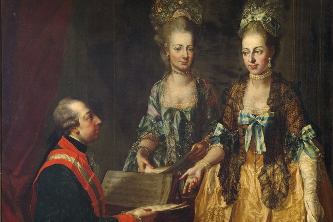 Dcera císařovny Marie Terezie, Marie Alžběta (ve středu), které Mancini dedikoval svůj traktát, se svými sourozenci Josefem II. a Marií Annou. Olejomalba z roku 1778 (autor Josef Hauzinger)