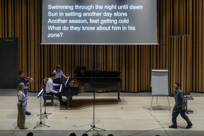 Ostravské dny: Part I – From five / Od pěti, 29. srpna 2025, City Campus, Fakulta umění Ostravské univerzity – Malgorzata Hlawsa, Conrad Harris, Miroslav Beinhauer a Benjamin Kotik (zdroj Ostravské centrum nové hudby)