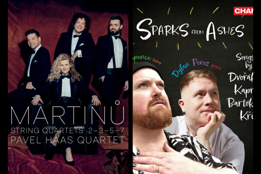 Přebaly CD Martinů: String Quartets Nos 2, 3, 5, 7 a Sparks From Ashes: Songs by Dvořák, Kaprálová, Bartók and Křička (zdroj Presto Music)
